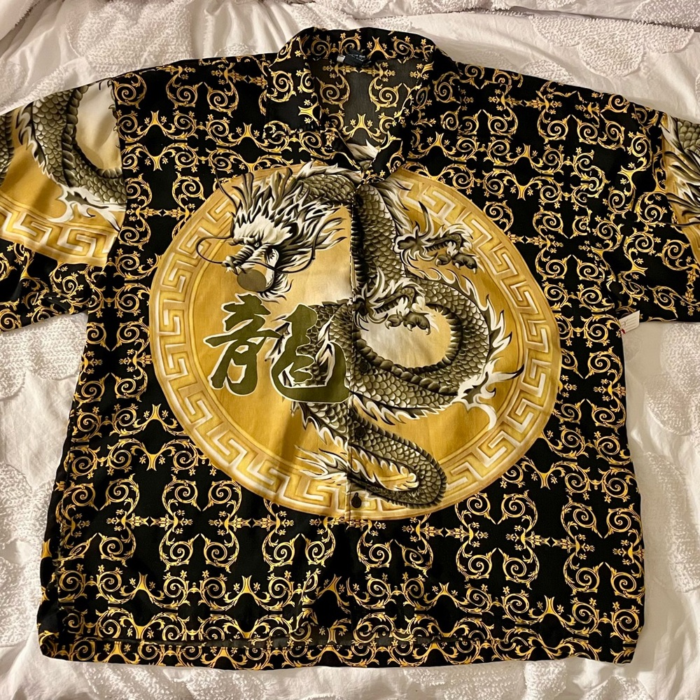 Vintage Oscar Misa Black and Gold Dragon Patterned Shirt